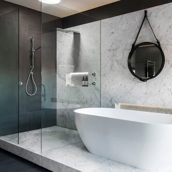 Marble bathroom detailed during a deep cleaning service