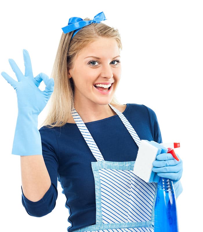 Multi Services cleaner in uniform holding cleaning supplies